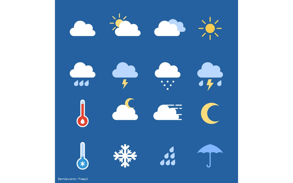 Verschiedene Emoticons, die Wetterlagen und Temperaturen darstellen, auf blauem Hintergrund