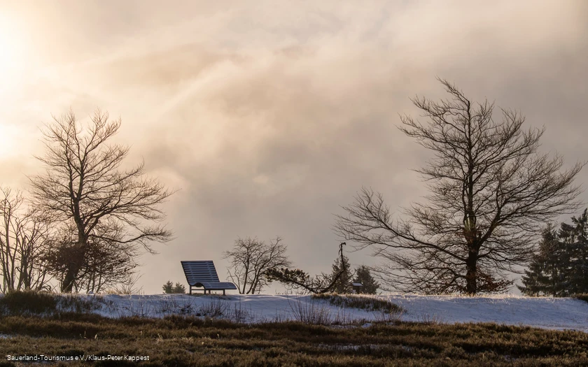 Wintermorgen auf dem Kahlen Asten mit einer Bank