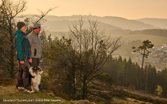 Ein Wanderpaar mit Hund im Abendlicht im Hintergrund der Ettelsberg