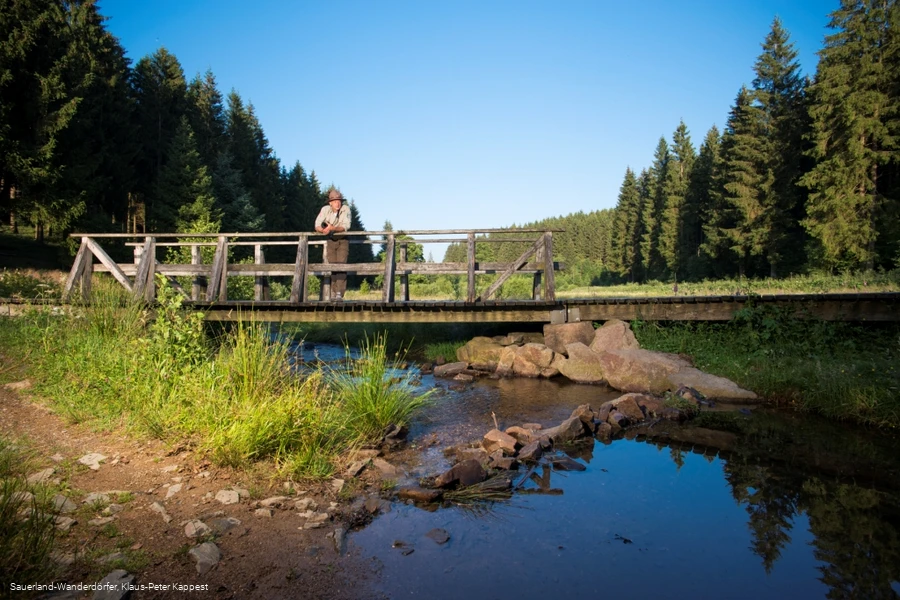 Im Schwarzbachtal steht einer der Ranger auf der Br&uuml;cke